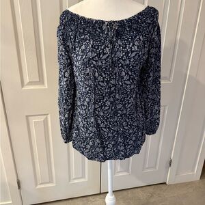 Velvet Blue and White Blouse Elegant Top
